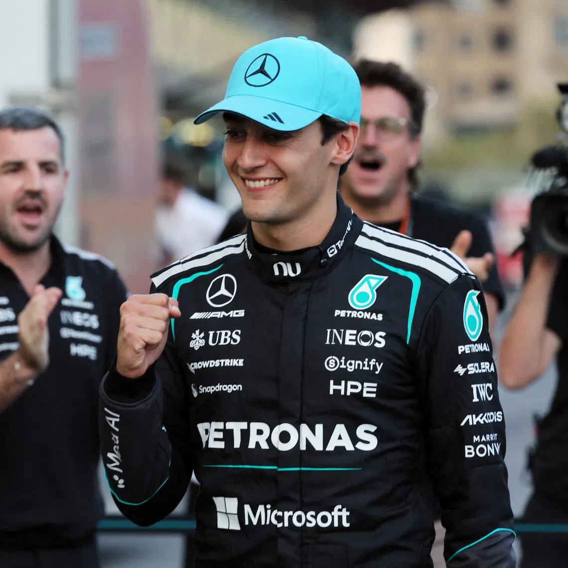 Mercedes’ George Russell celebrates after winning the Azerbaijan Grand Prix on Sept 26.