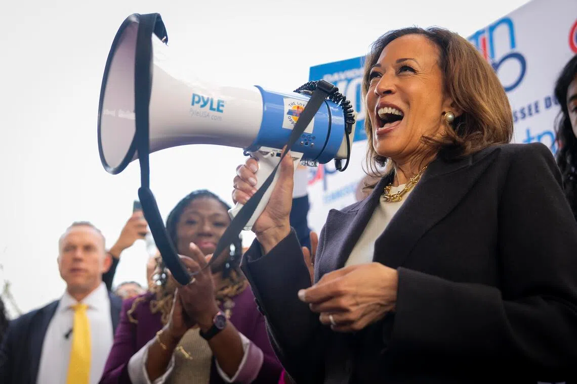 Former US vice-president Kamala Harris speaks during a campaign event for Ms Aftyn Behn, a Democratic congressional candidate, at Hadley Park in Nashville, Tennessee, on Nov 18, 2025.