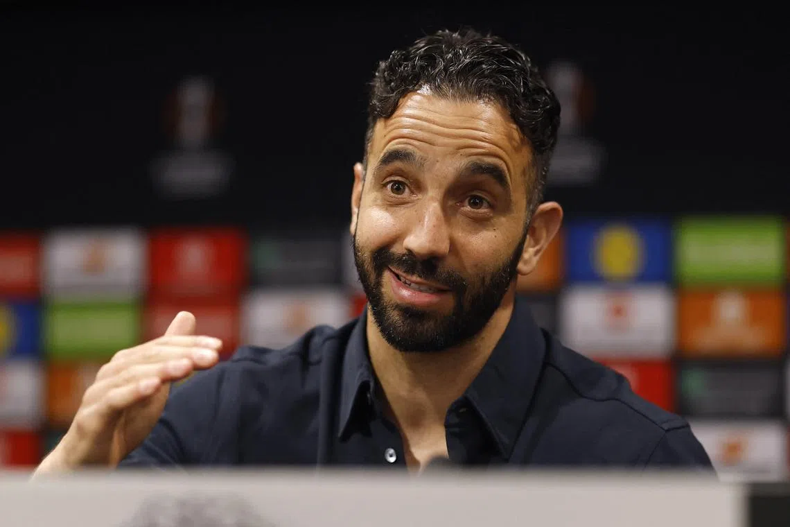 FILE PHOTO: Soccer Football - Europa League - Europa League - Final - Manchester United Media Day - Old Trafford, Manchester, Britain - May 14, 2025 Manchester United manager Ruben Amorim during a press conference Action Images via Reuters/Jason Cairnduff/File Photo