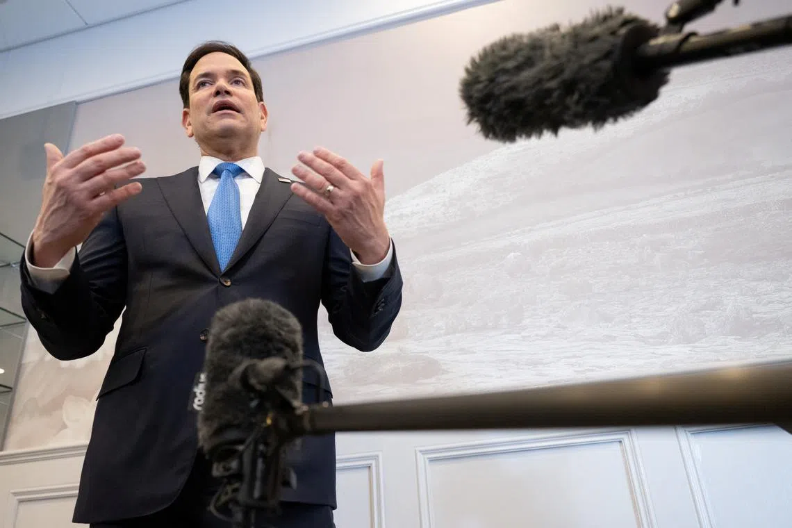 US Secretary of State Marco Rubio speaks to the media during a refueling stop at Shannon Airport in Shannon, Ireland, March 12, 2025, as he travels from talks with Ukraine in Saudi Arabia to attending a G7 Foreign Ministers meeting in Canada.  SAUL LOEB/Pool via REUTERS