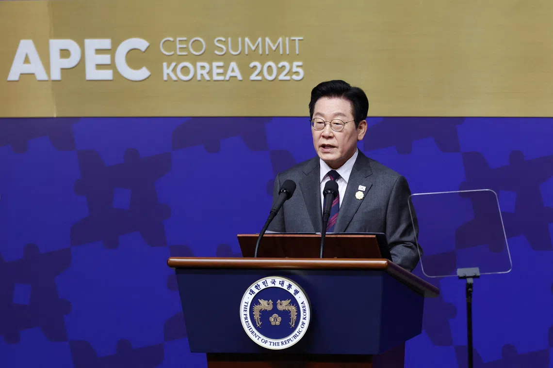 South Korean President Lee Jae Myung delivers his speech during the 2025 Asia-Pacific Economic Cooperation (APEC) CEO Summit in Gyeongju, South Korea, October 29, 2025. REUTERS/Tyrone Siu