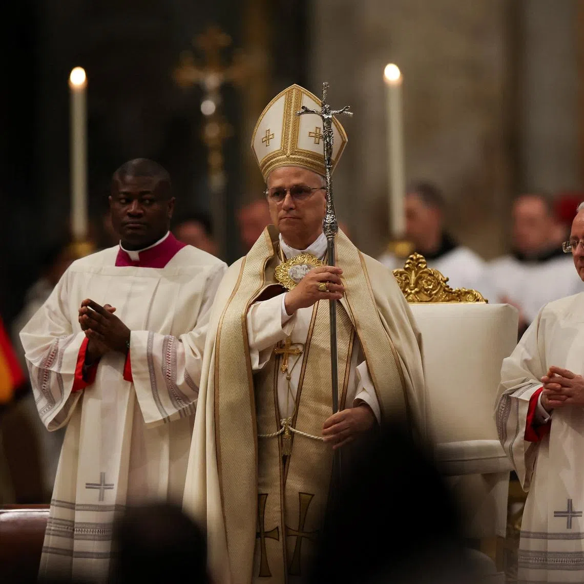 Pope Leo XIV leads the ecumenical Vespers at the Basilica of Saint Paul Outside The Walls in Rome, Italy, January 25, 2026. REUTERS/Ciro De Luca