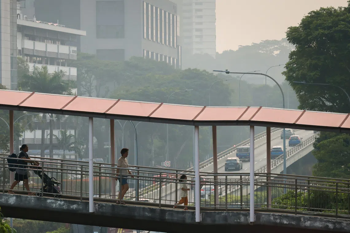 Hazy conditions in Braddell Road at 5.45pm on Oct 9. The 24-hour PSI hit 192 in central Singapore at 6pm on Oct 9.