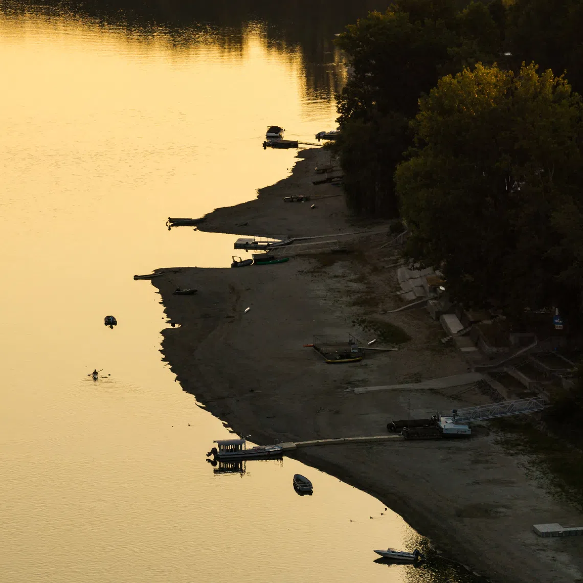 A view of the low water level of the Danube River around Lupa Island in Budakalasz, Hungary, on Aug 4.