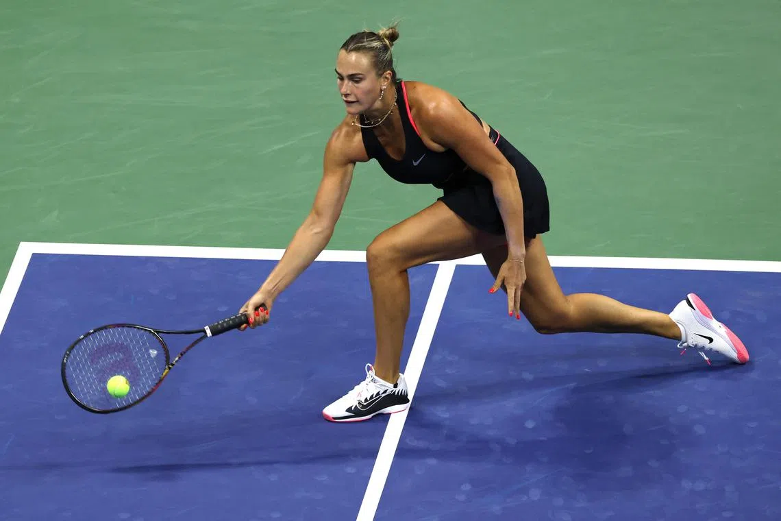 Aryna Sabalenka of Belarus in action against Polina Kudermertova of Russia during the second round of the US Open.