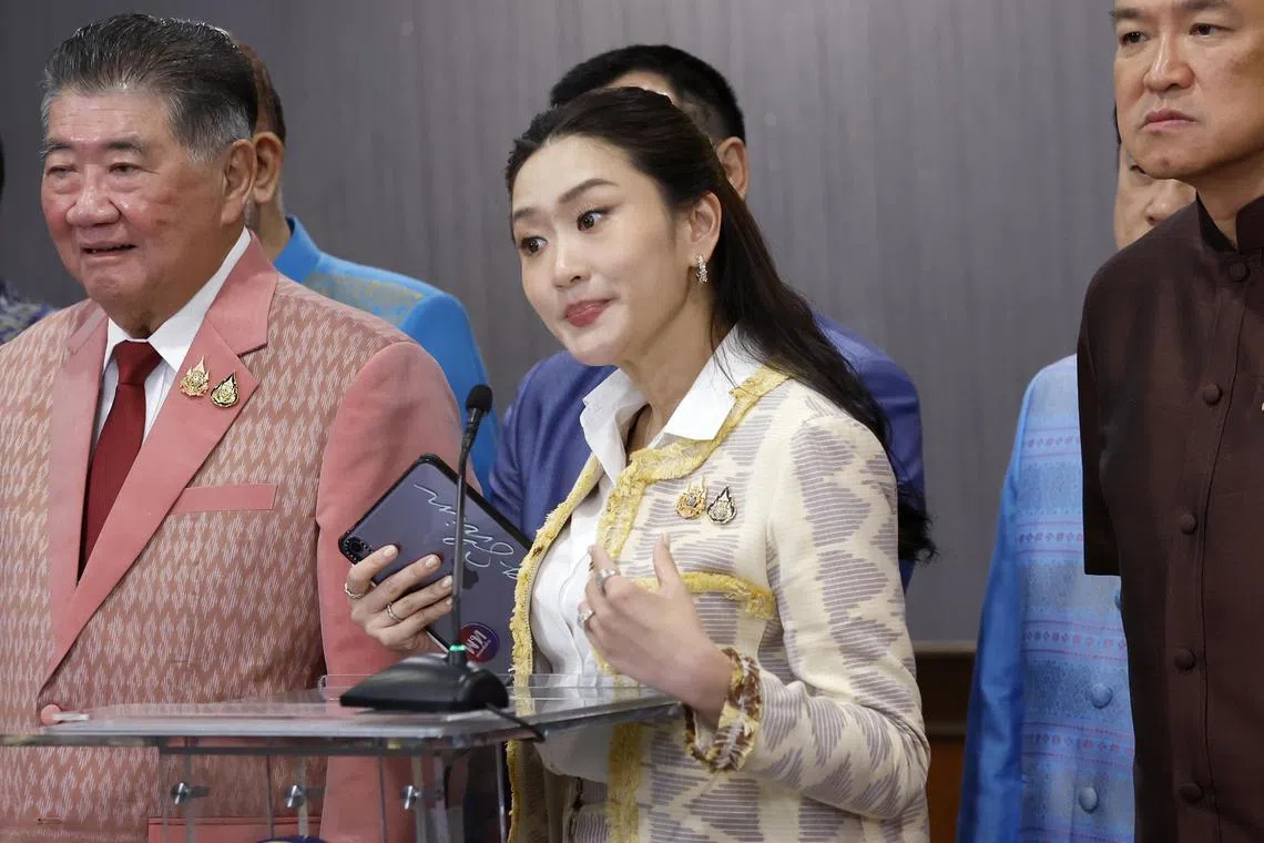 epa11922930 Thai Prime Minister Paetongtarn Shinawatra addresses the media next to cabinet members after a weekly cabinet meeting at Government House in Bangkok, Thailand, 25 February 2025. The Interior Ministry of Thailand will submit an amended Gambling Act to the cabinet after gathering public opinion and majority support, increasing penalties for those involved in gambling dens and online gambling, including players, organizers, and system controllers, with a maximum sentence of 7 to 12 years.  EPA-EFE/NARONG SANGNAK