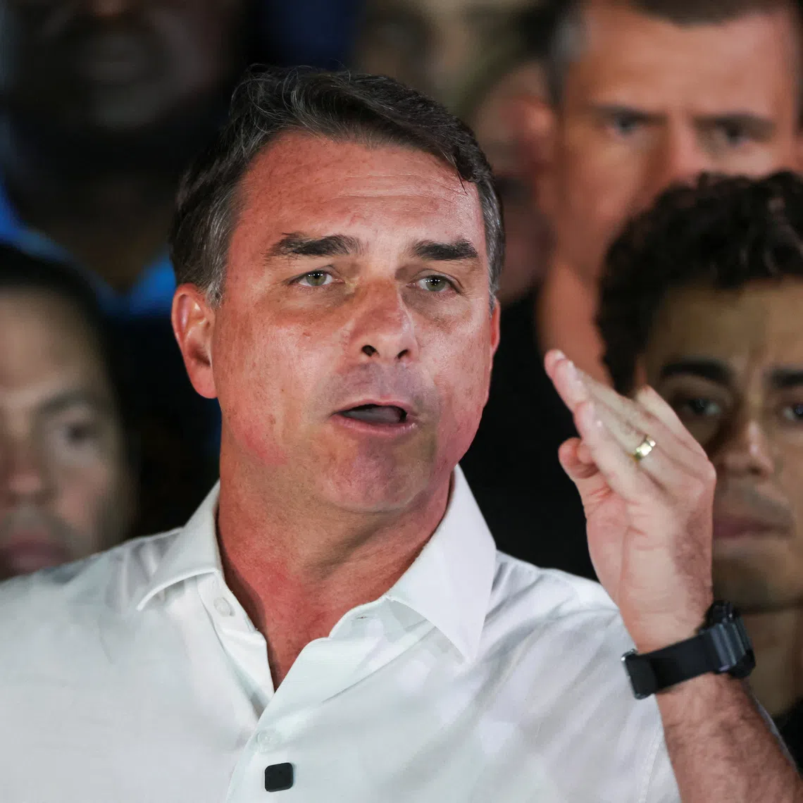 Flavio Bolsonaro speaking in Brasilia on Oct 25, after losing the presidential runoff election.