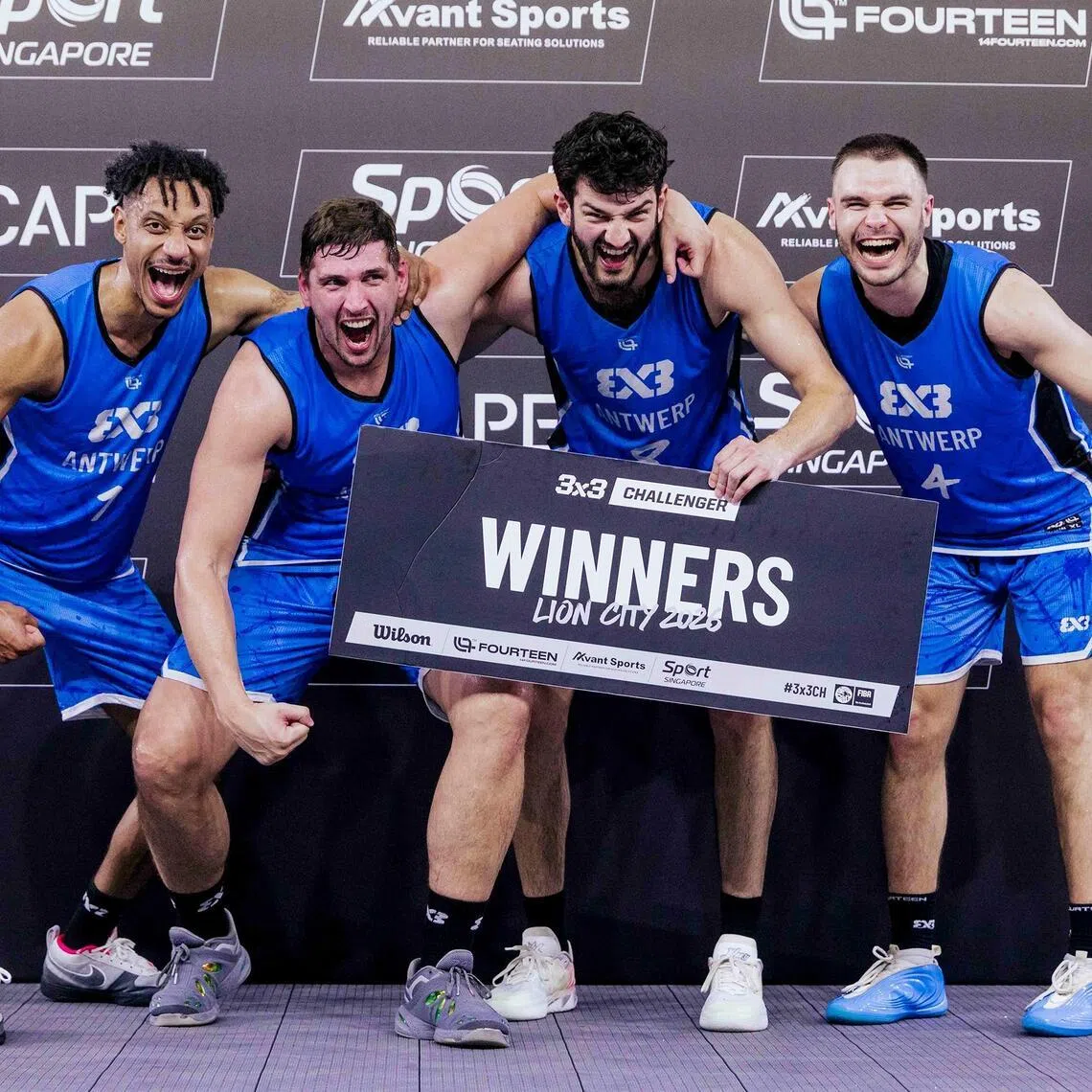 From left: Antwerp's tournament Most Valuable Player Dennis Donkor, Jonas Foerts, Caspar Augustijnen and Vic Van Oosterwyck are champions of the inaugural Lion City Challenger, a new international 3x3 event held in Singapore.