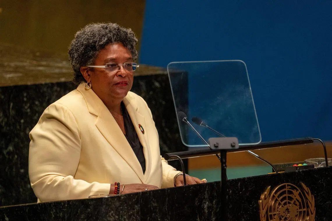 FILE PHOTO: Prime Minister of Barbados Mia Amor Mottley addresses the \"Summit of the Future\" in the General Assembly Hall at United Nations Headquarters in New York City, U.S., September 22, 2024. REUTERS/David Dee Delgado/File Photo