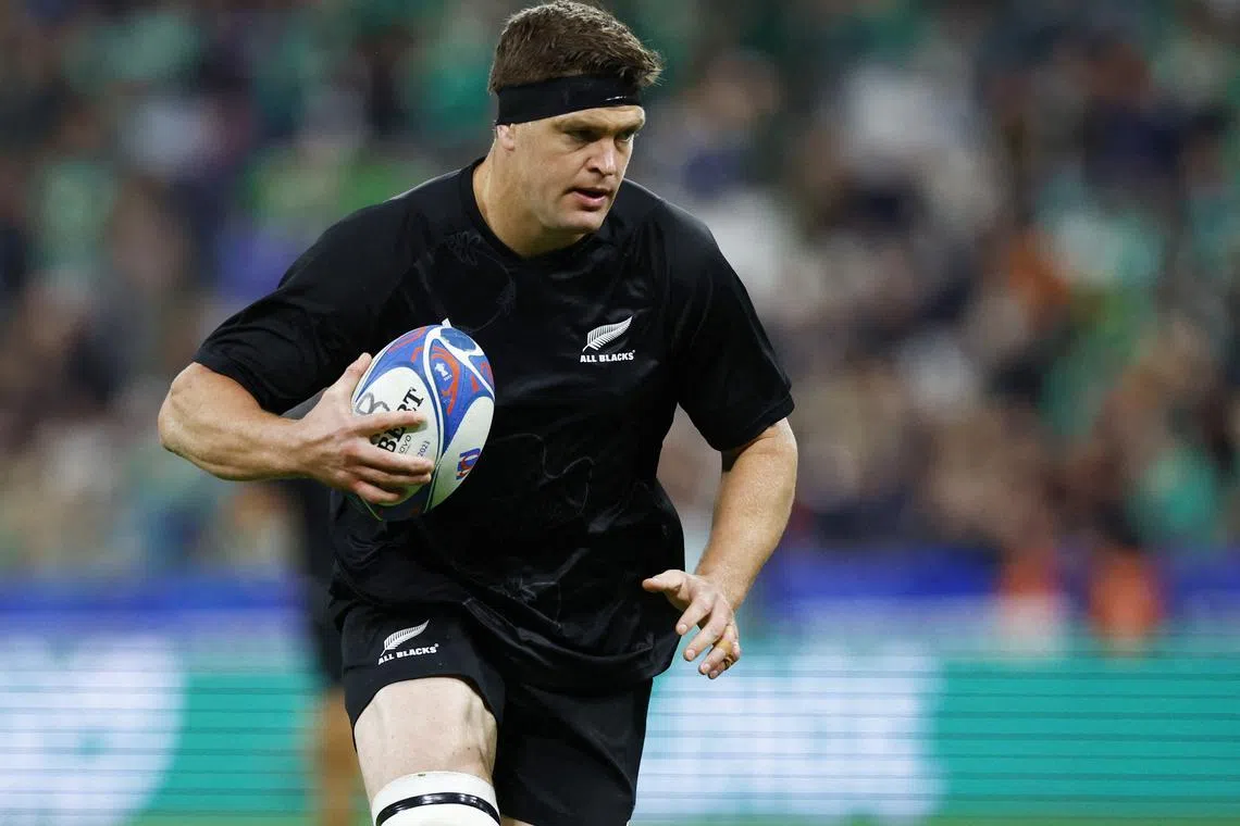 FILE PHOTO: Rugby Union - Rugby World Cup 2023 - Quarter Final - Ireland v New Zealand - Stade de France, Saint-Denis, France - October 14, 2023 New Zealand's Scott Barrett during the warm up before the match REUTERS/Sarah Meyssonnier/File Photo