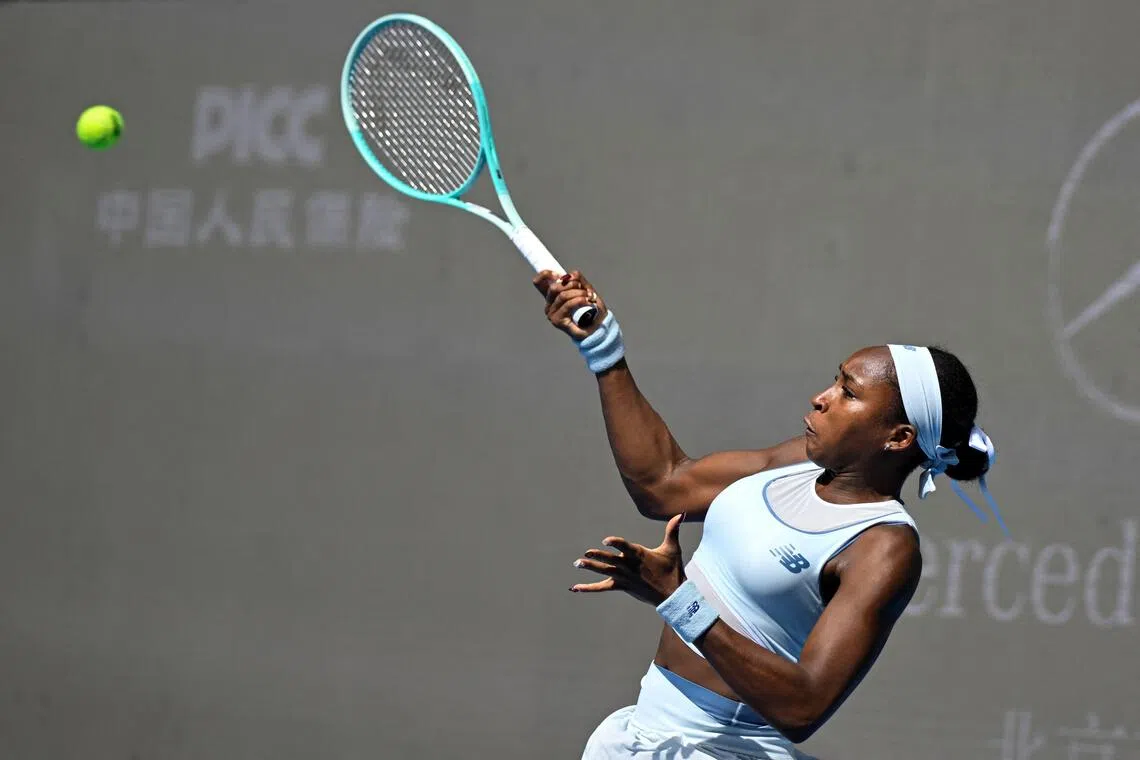 Coco Gauff hits a return to Russia's Kamilla Rakhimova during their match at the China Open.