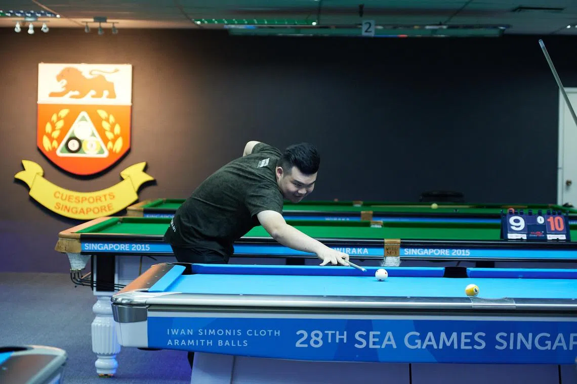 SEA games gold medalist Aloysius Yapp plays in a local nine-ball pool tournament held at the Cuesports Singapore Academy on Feb 25, 2018. The academy, located at Katong Shopping Centre #01-46, held an official opening ceremony on the same day.