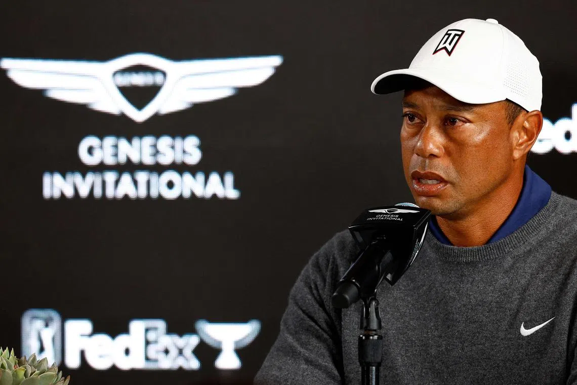 Tiger Woods at a press conference prior to The Genesis Invitational at Riviera Country Club on February 14 in California. 