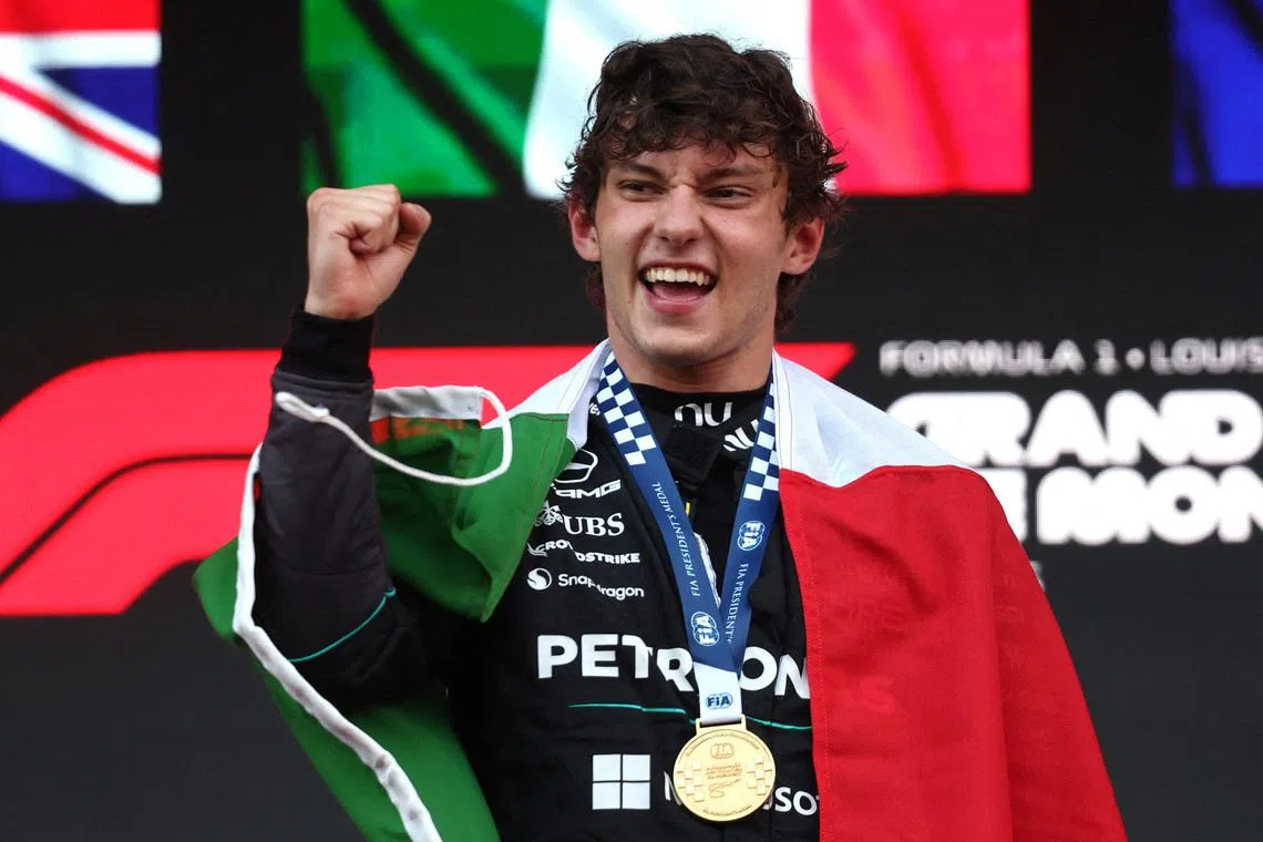 Mercedes’ Kimi Antonelli celebrating on the podium after winning the Formula One Monaco Grand Prix on June 7.