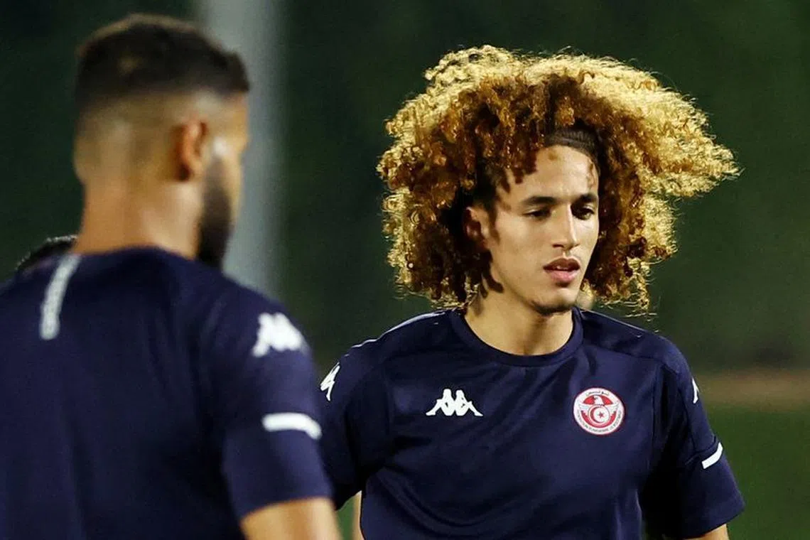 FILE PHOTO: Soccer Football - FIFA World Cup Qatar 2022 - Tunisia Training - Al Egla Training Site 3, Doha, Qatar - November 29, 2022 Tunisia's Hannibal Mejbri during training REUTERS/Ibraheem Al Omari/File Photo