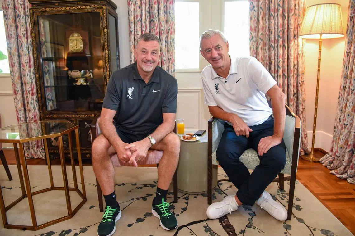 Liverpool legends John Aldridge (left) and Ian Rush at a football clinic co-organised by the club and the British High Commission on Wednesday.

ST PHOTO: EUGENE TAN