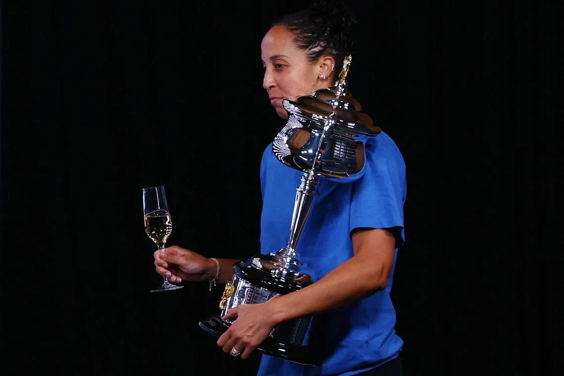 Tennis - Australian Open - Melbourne Park, Melbourne, Australia - January 26, 2025 Madison Keys of the U.S. during the press conference with the trophy after winning the final against Belarus' Aryna Sabalenka REUTERS/Edgar Su