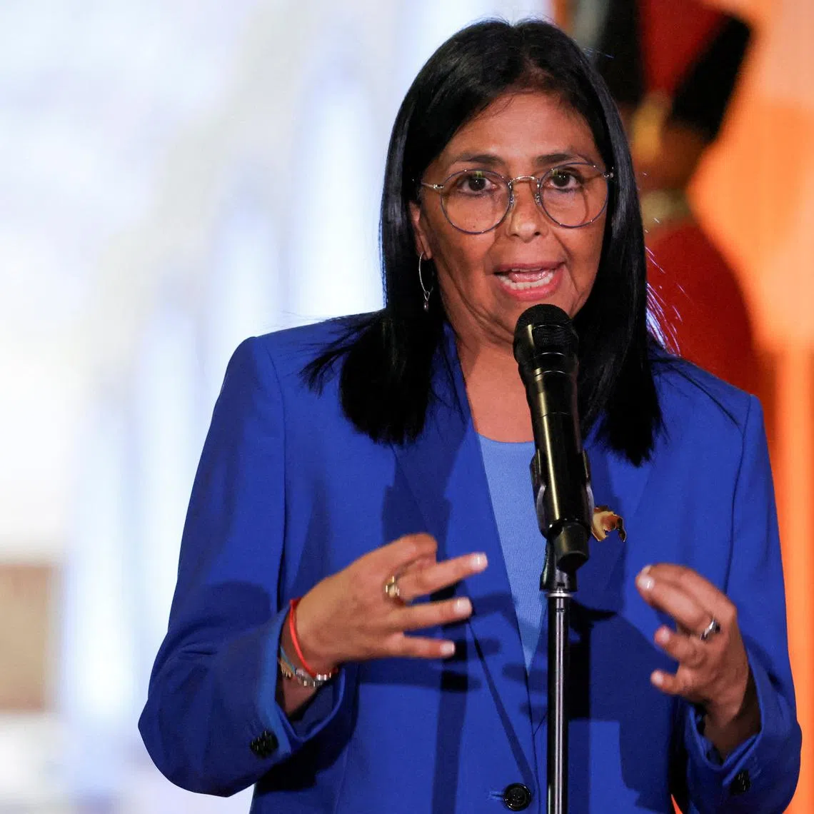 Venezuela's interim President Delcy Rodriguez speaks after receiving the text of the amnesty law meant to grant immediate clemency to individuals jailed for participating in political protests following its approval, at Miraflores Palace, in Caracas, Venezuela, February 19, 2026. REUTERS/Leonardo Fernandez Viloria
