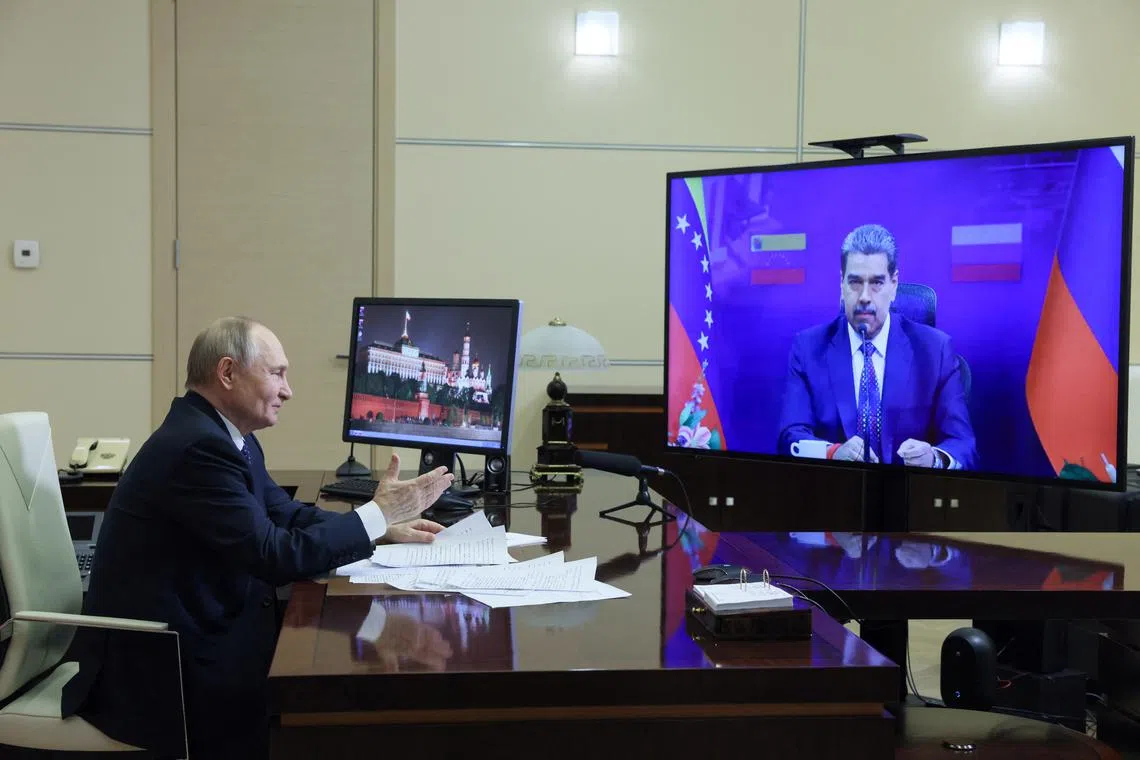 Russian President Vladimir Putin attends a meeting with Venezuelan President Nicolas Maduro via video link at the Novo-Ogaryovo state residence outside Moscow, Russia March 14, 2025. Sputnik/Mikhail Metzel/Pool via REUTERS/File Photo