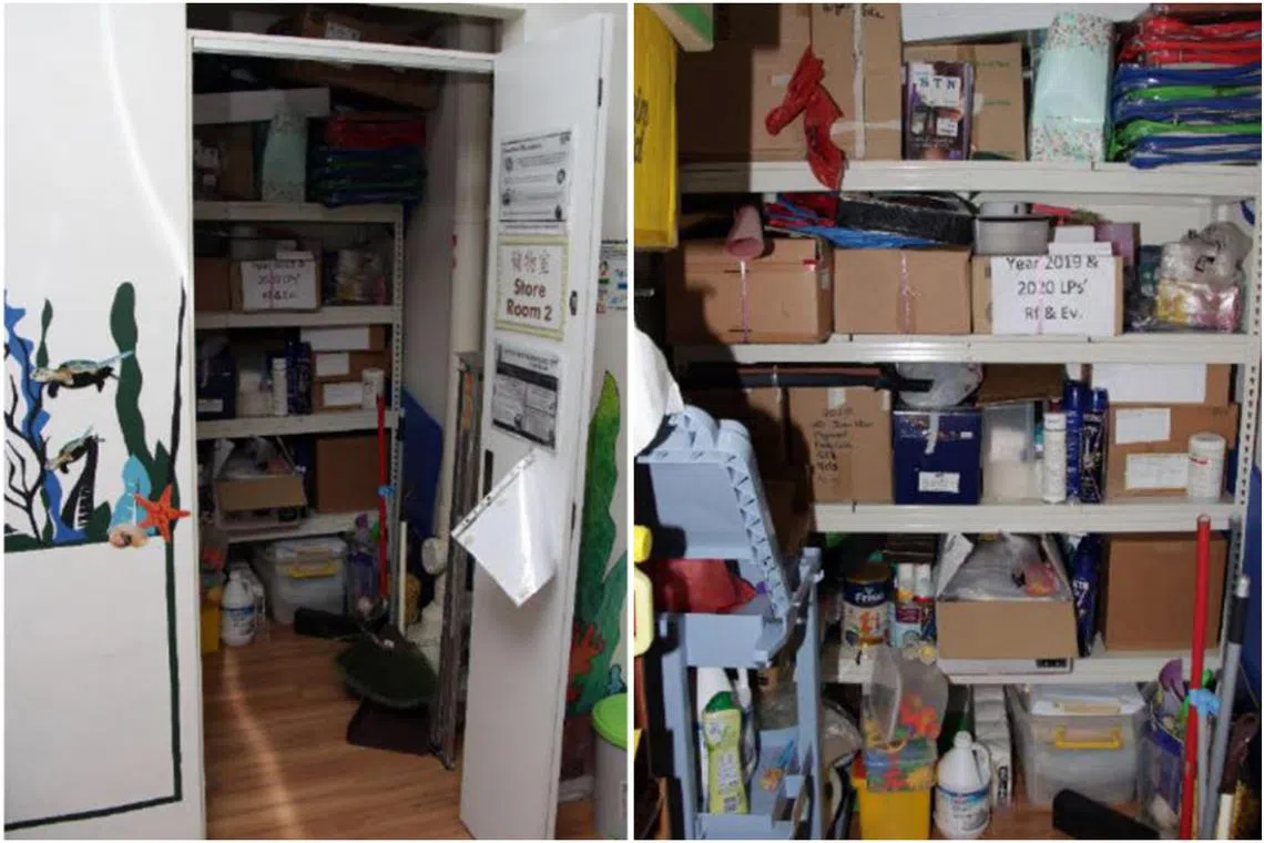 One of the toddlers was dragged into this storeroom (left) where unsafe items such as bleach were kept.