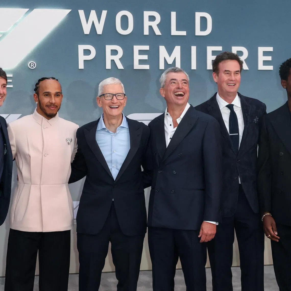 Jamie Erlicht, Lewis Hamilton, Tim Cook, Eddy Cue, Zack Van Amburg and Damson Idris attend the premiere for the film \"F1 The Movie\" in New York City, U.S., June 16, 2025. REUTERS/Kylie Cooper