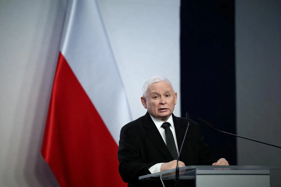 FILE PHOTO: Poland's Law and Justice (PiS) party leader Jaroslaw Kaczynski speaks during a press conference at the party's headquarters in Warsaw, Poland, January 3, 2024. REUTERS/Kacper Pempel/File Photo