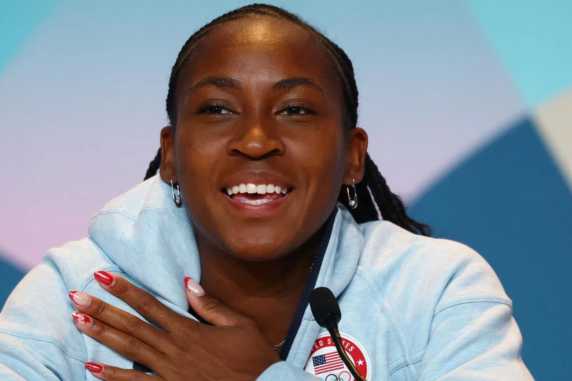 Paris 2024 Olympics - Team USA Flagbearer: Coco Gauff Press Conference - Main Press Centre, Paris, France - July 25, 2024. USA Tennis player Coco Gauff talks to the media during a press conference. REUTERS/Kai Pfaffenbach