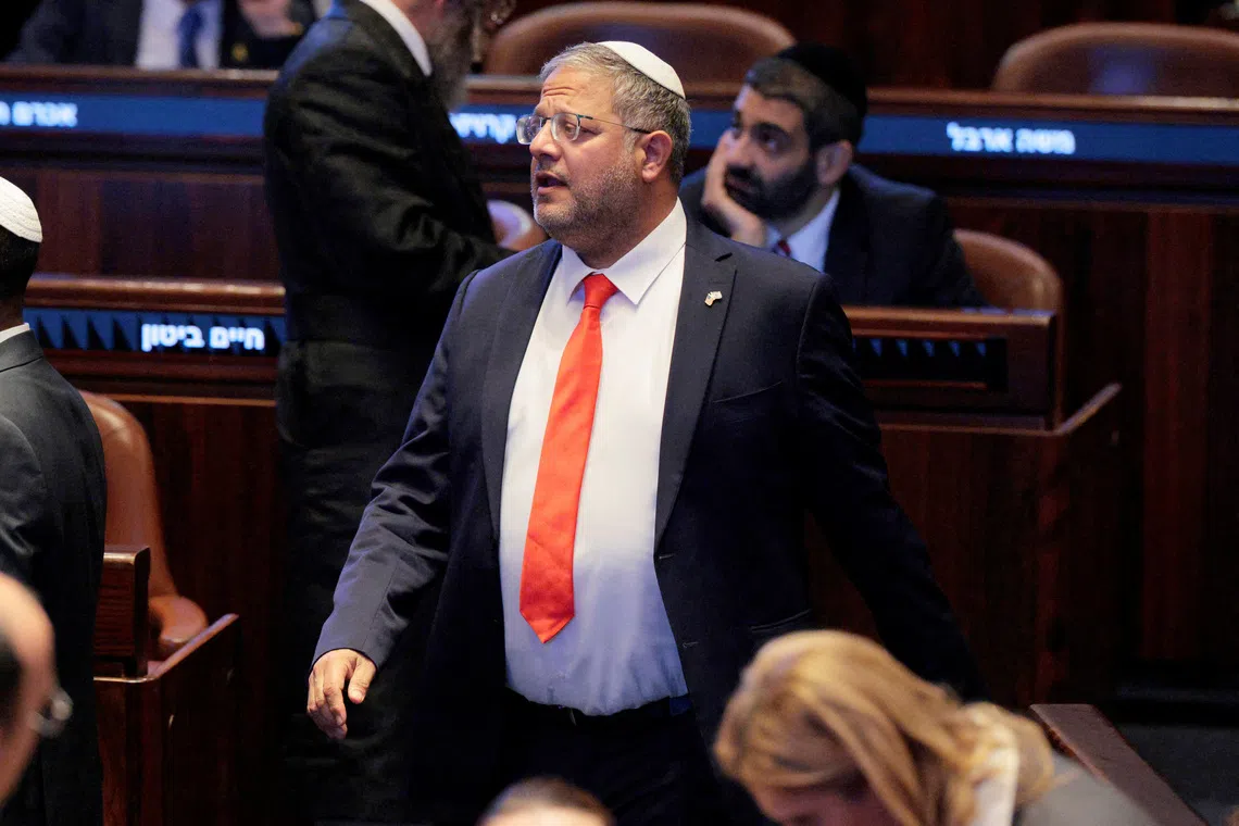 FILE PHOTO: Israeli politician Itamar Ben-Gvir walks inside the Knesset, in Jerusalem, October 13, 2025.  Chip Somodevilla/Pool via REUTERS/File Photo