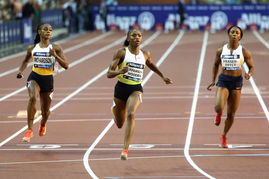 Melissa Jefferson-Wooden wins the women's 100m final ahead of second-placed Sha'Carri Richardson and fourth-placed Shelly-Ann Fraser-Pryce.