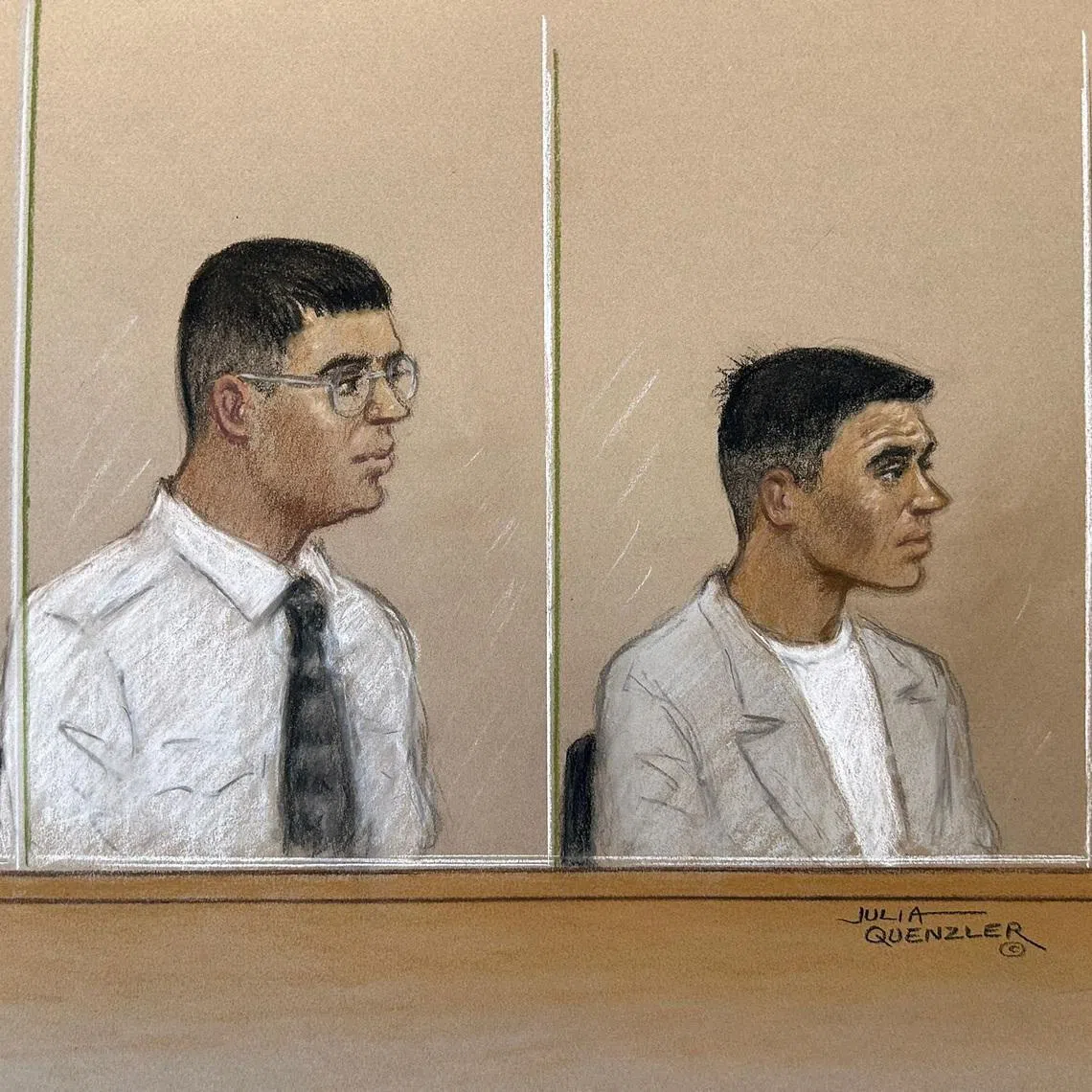 Nandito Badea and George Stana, two Romanian men accused of stabbing the Iran International journalist Pouria Zeraati near his home in Wimbledon in March 2024, appear at Woolwich Crown Court in London, Britain, May 18, 2026, in a courtroom sketch. REUTERS/Julia Quenzler