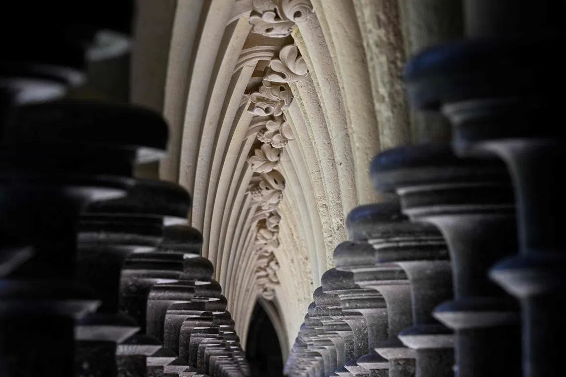 Columns in the cloister of the Mont-Saint-Michel abbey church, in Mont-Saint-Michel, northwestern France, on May 23. 