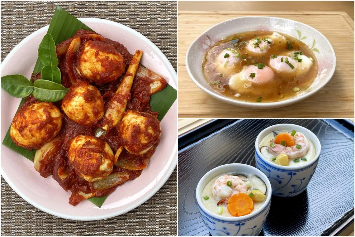(Clockwise from left): Sambal telur, poached eggs with soya sauce and steamed egg tofu with prawns.