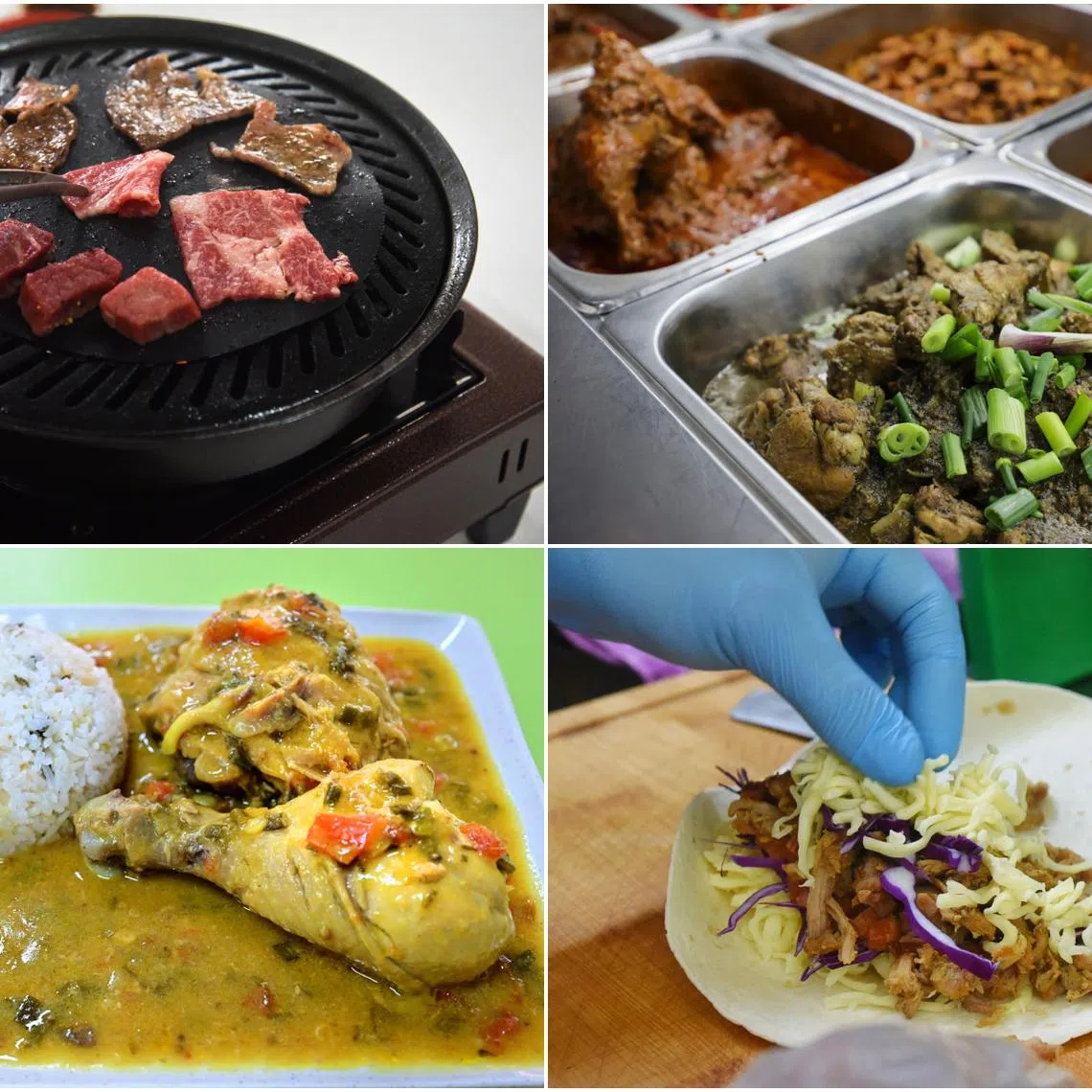 (Clockwise from top left) Wagyu beef, Sri Lankan dishes, pork quesadilla, and Colombian chicken stew.