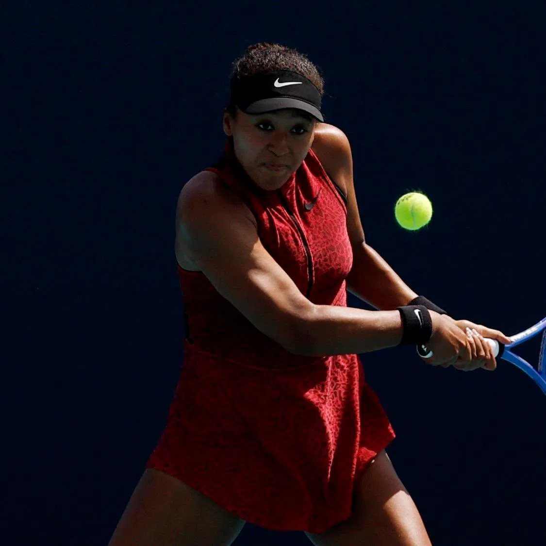 Mar 21, 2026; Miami Gardens, FL, USA; Naomi Osaka (JPN) hits a backhand against Talia Gibson (AUS) (not pictured) on day five of the 2026 Miami Open at Hard Rock Stadium. Mandatory Credit: Geoff Burke-Imagn Images
