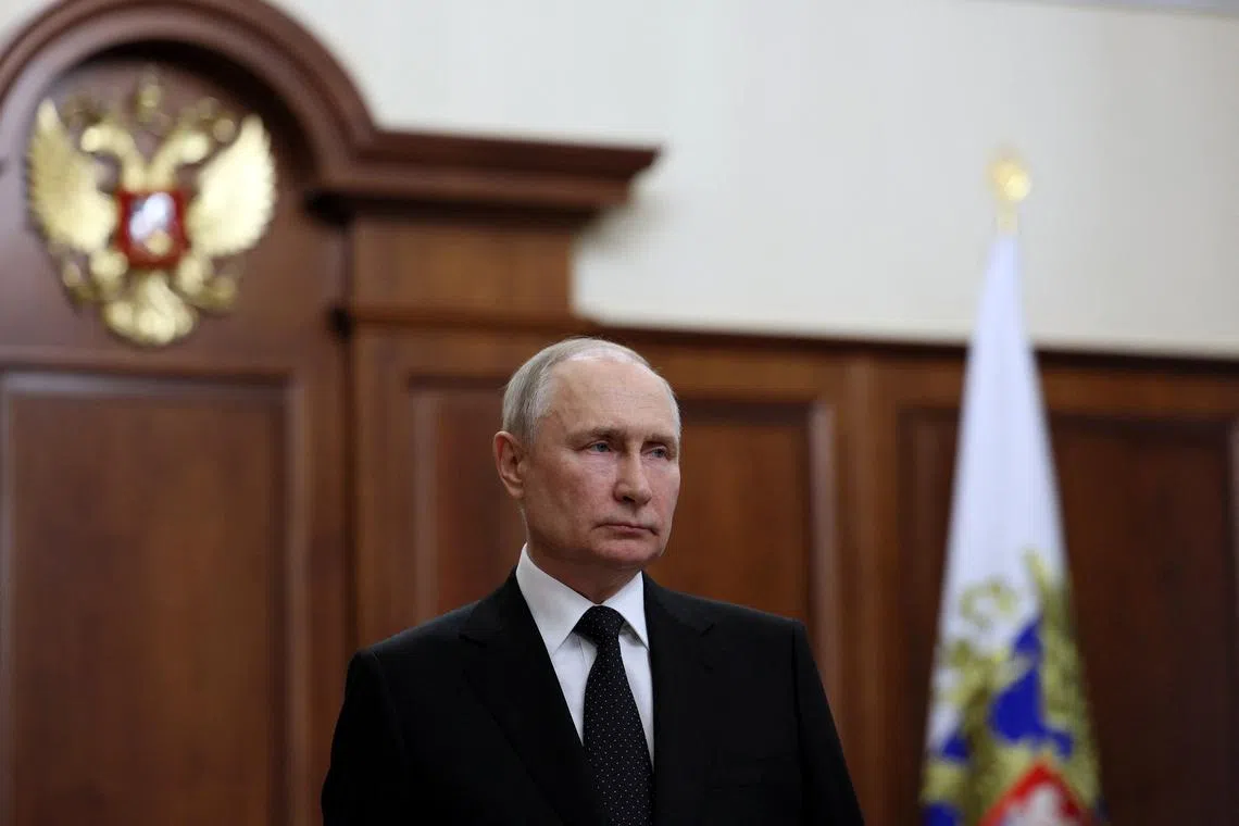 Russian President Vladimir Putin giving a televised address in Moscow on June 24 in response to an attempted mutiny by the Wagner Group.