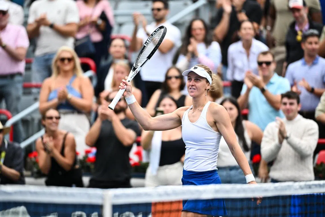 Liudmila Samsonova celebrates her 7-6, 4-6, 6-3 victory against Aryna Sabalenka.