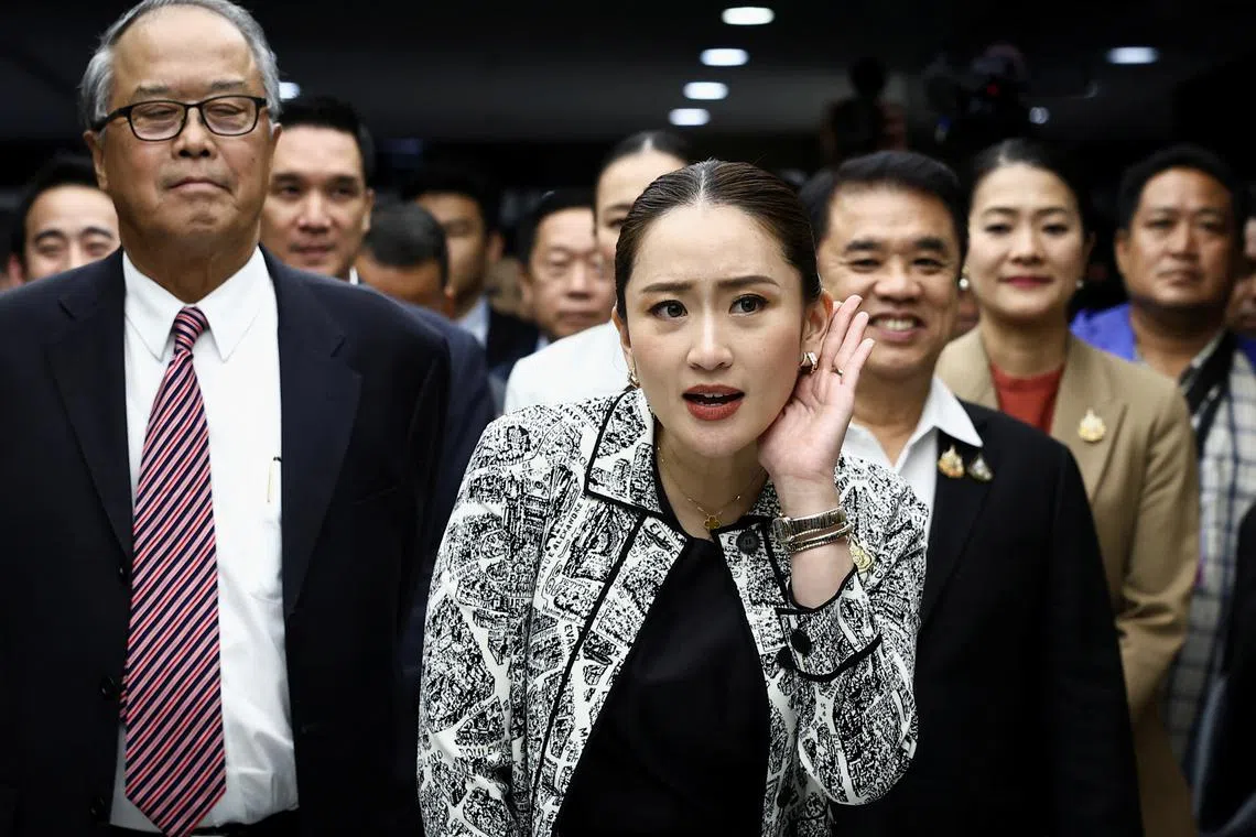 Pheu Thai Party's leader and Prime Minister candidate Paetongtarn Shinawatra reacts after a press conference on the announcement of prime ministerial candidate ahead of a pivotal parliamentary vote on a new prime minister, in Bangkok, Thailand, August 15, 2024. REUTERS/Chalinee Thirasupa