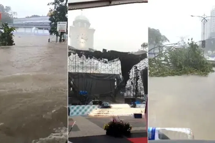 A heavy downpour on Dec 12 resulted in flash floods in various parts of Johor Bahru, and led to the collapse of a stage set up for an event.