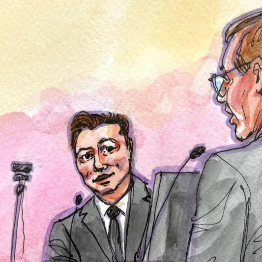 Billionaire Elon Musk being questioned by his attorney Steven Molo during his lawsuit over OpenAI for-profit conversion at a federal courthouse in Oakland, California.