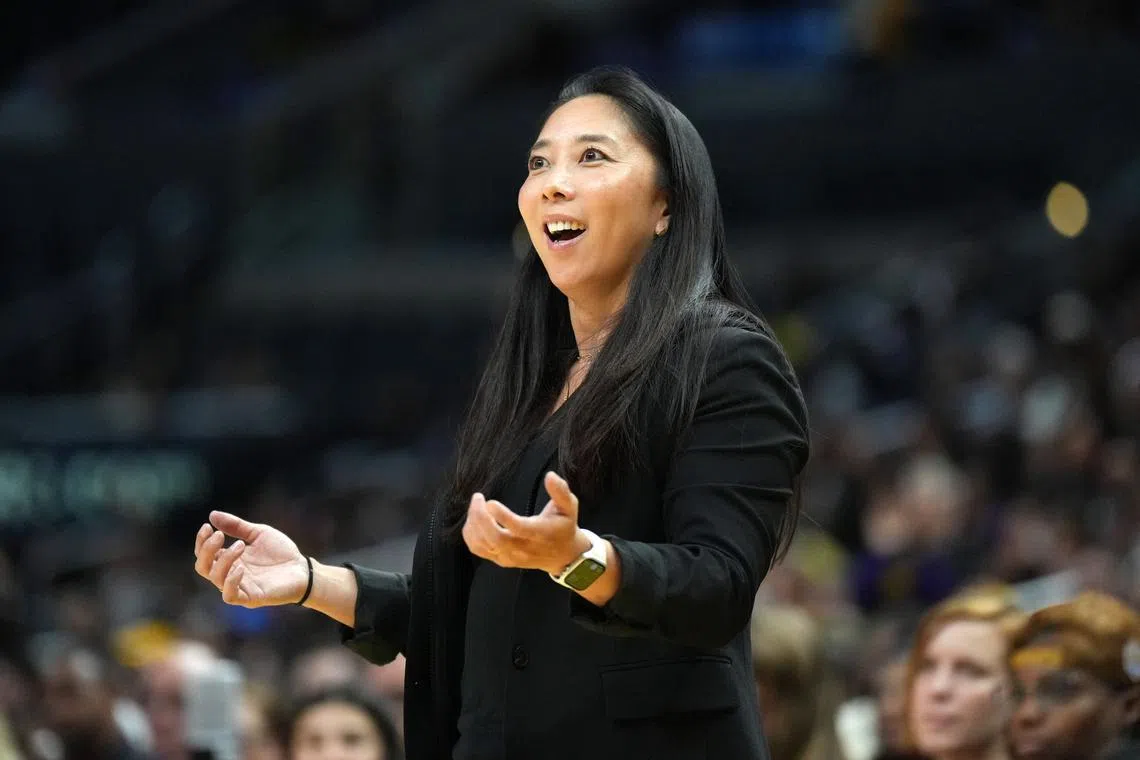 FILE PHOTO: May 25, 2023; Los Angeles, California, USA; Las Vegas Aces first assistant coach Natalie Nakase reacts during the first half Las Vegas Aces at Crypto.com Arena. Mandatory Credit: Kirby Lee-USA TODAY Sports/File Photo