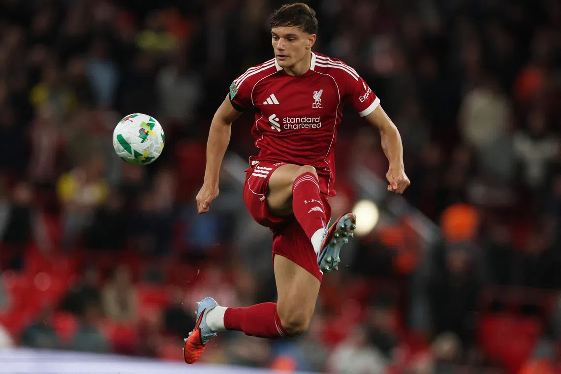 Soccer Football - Carabao Cup - Third Round - Liverpool v Southampton - Anfield, Liverpool, Britain - September 23, 2025 Liverpool's Giovanni Leoni in action REUTERS/Phil Noble