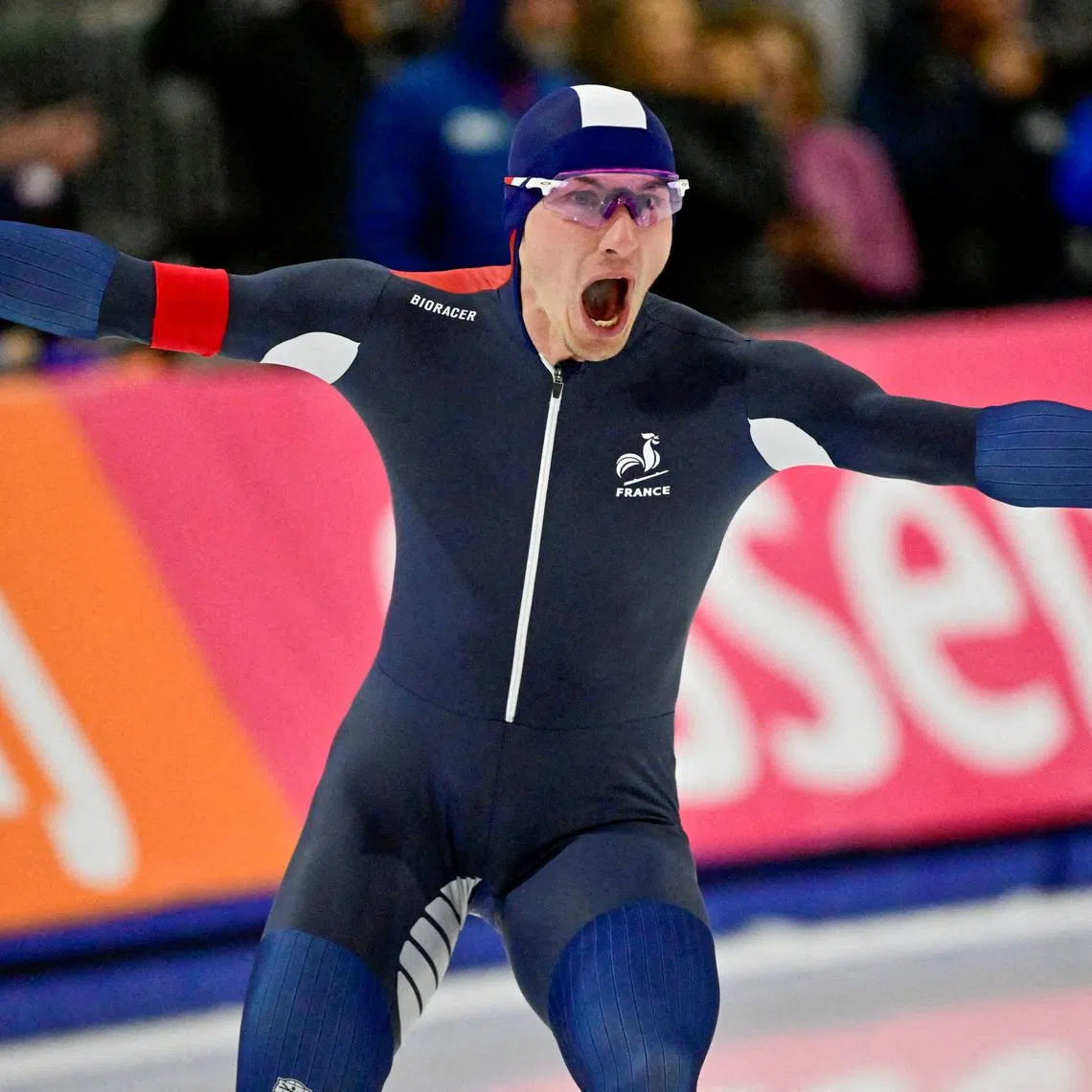 FILE PHOTO: Nov 14, 2025; Kearns, Utah, UNITED STATES; Timothy Loubineaud of France reacts to his world record time in the men's 5000m during the ISU Speedskating World Cup at Utah Olympic Oval. Mandatory Credit: Peter Creveling-Imagn Images/File Photo