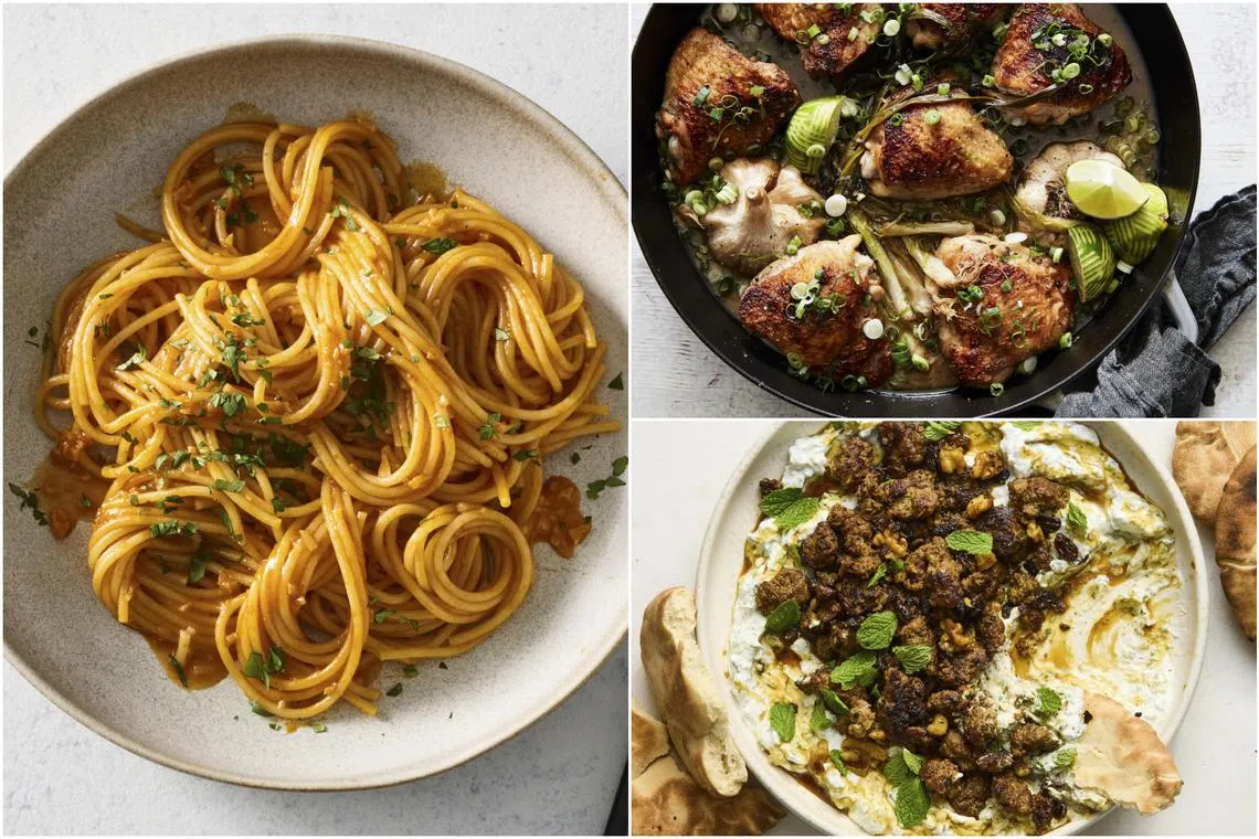 Try these recipes for (clockwise from left) gochujang buttered noodles, garlicky chicken thighs and spiced, seared ground beef.