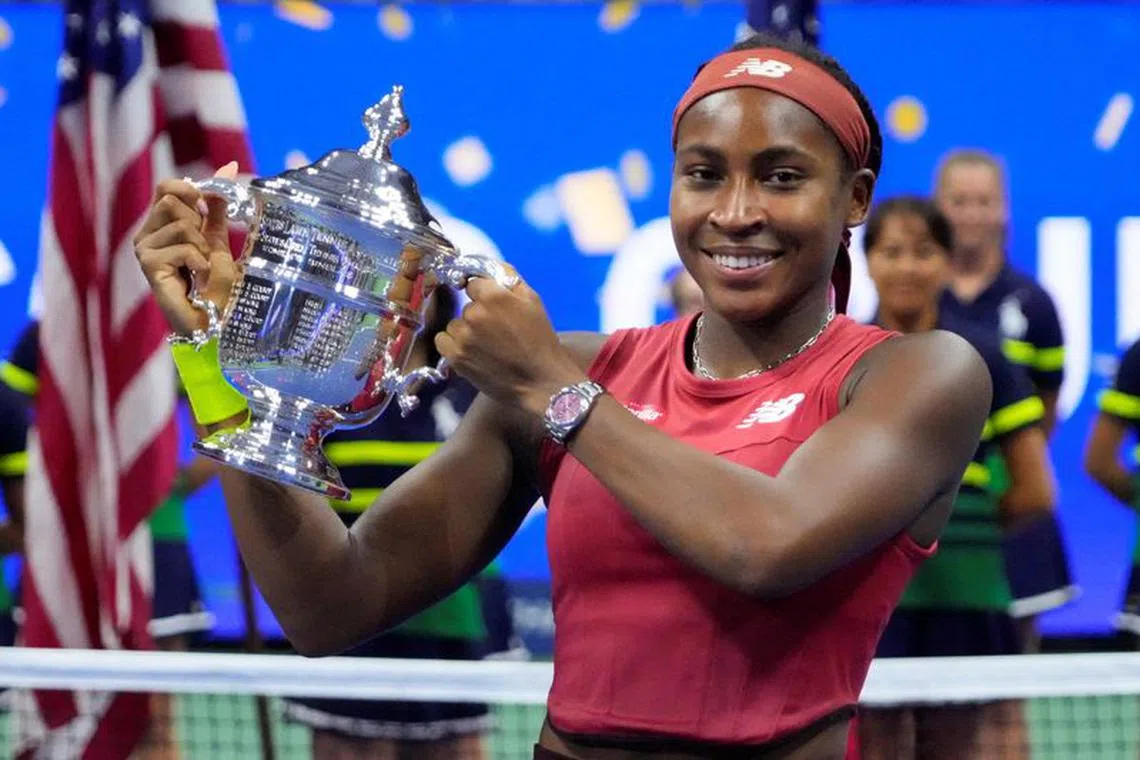 FILE PHOTO: Sep 9, 2023; Flushing, NY, USA; Coco Gauff of the United States celebrates with the championship trophy after her match against Aryna Sabalenka (not pictured) in the women's singles final on day thirteen of the 2023 U.S. Open tennis tournament at USTA Billie Jean King Tennis Center. Mandatory Credit: Robert Deutsch-USA TODAY Sports/File Photo
