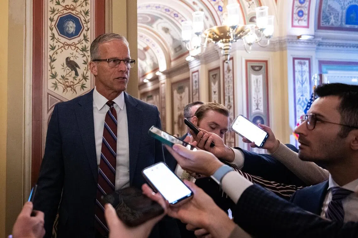 US Senate Majority Leader John Thune speaking to the press on Nov 10. 