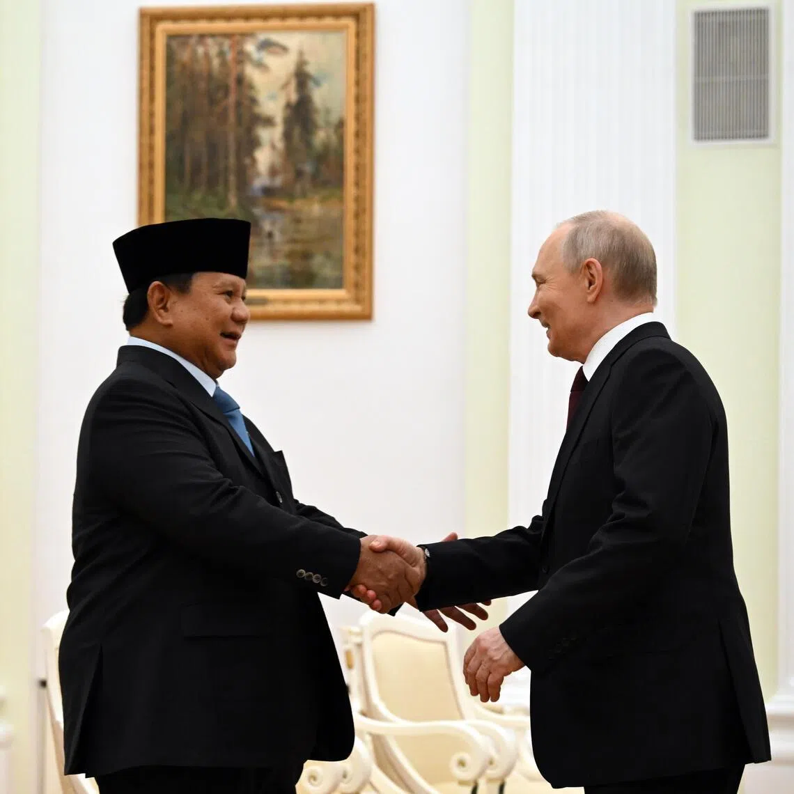 Indonesian President Prabowo Subianto (left) meeting his Russian counterpart Vladimir Putin in Moscow on April 13.
