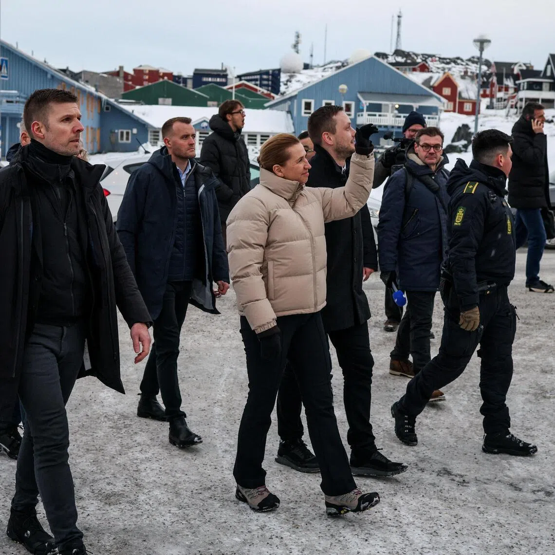 Danish Prime Minister Mette Frederiksen walking with Greenland Prime Minister Jens-Frederik Nielsen in Nuuk, Greenland, on Jan 23.
