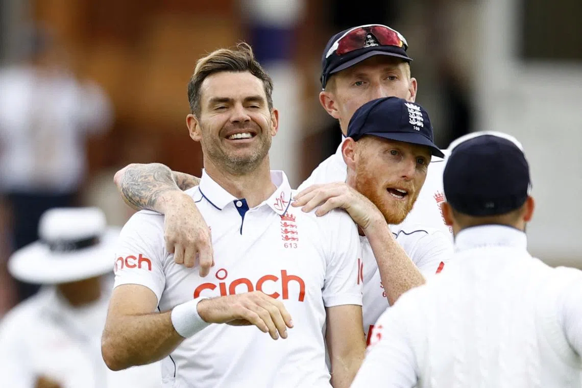 Cricket - First Test - England v West Indies - Lord's Cricket Ground, London, Britain - July 11, 2024 England's James Anderson celebrates after taking the wicket of West Indies' Alick Athanaze caught by Jamie Smith Action Images via Reuters/Peter Cziborra