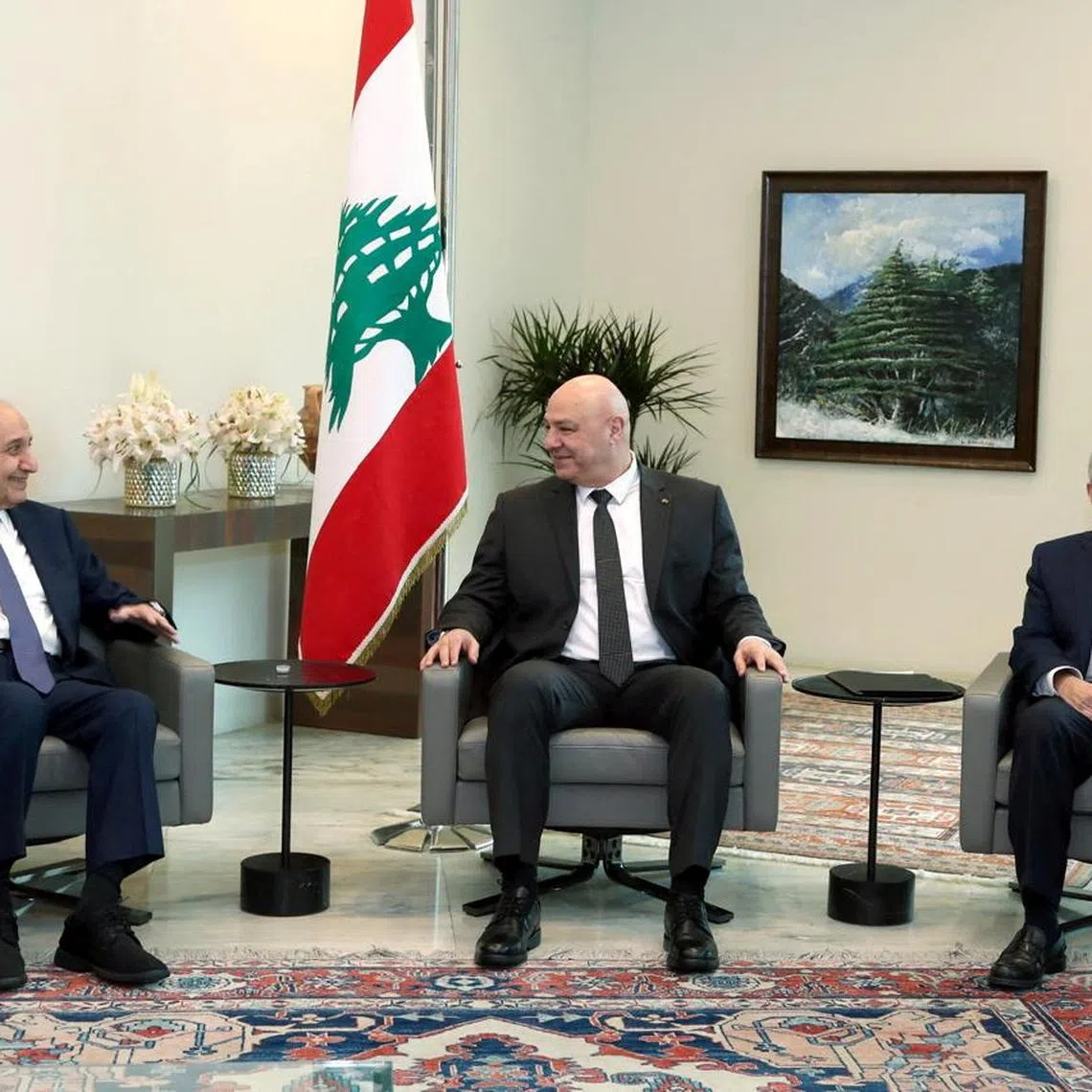 Lebanese Parliament Speaker Nabih Berri, President Joseph Aoun and Prime Minister-designate Nawaf Salam meet at the Presidential Palace in Baabda, Lebanon, in this handout released on February 6, 2025. Lebanese Presidency Press Office/Handout via REUTERS