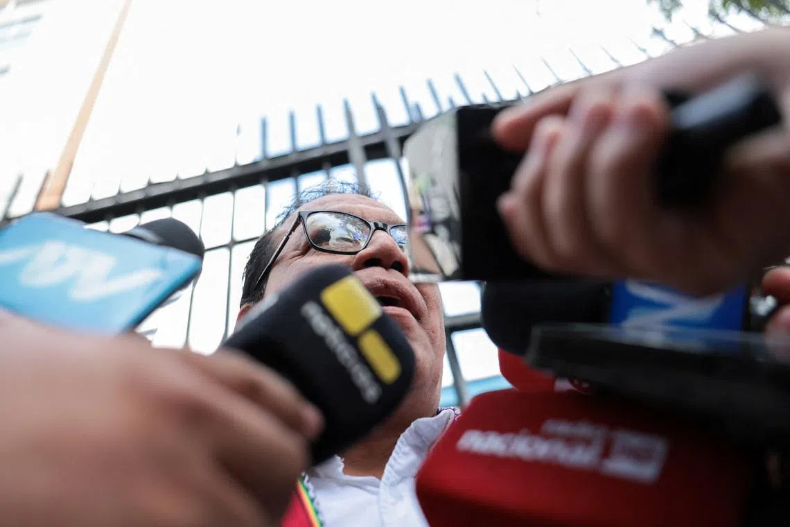 Peruvian presidential candidate Roberto Sanchez speaks to the media as vote counting continues in the presidential runoff between Sanchez and Keiko Fujimori in Lima, Peru, June 10, 2026. REUTERS/Stifs Paucca